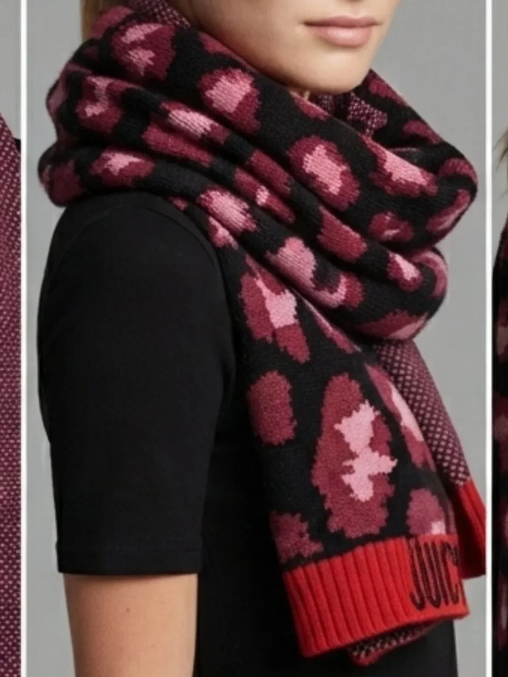 Juicy Couture Pink Red Leopard Print Knit Scarf Embroidered Logo Y2K McBling OS
